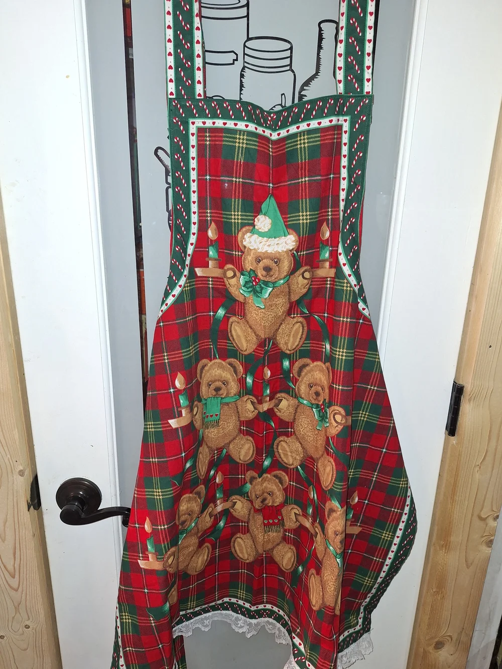 Vintage Red Plaid Teddy Bear Holiday Apron with Green Accents